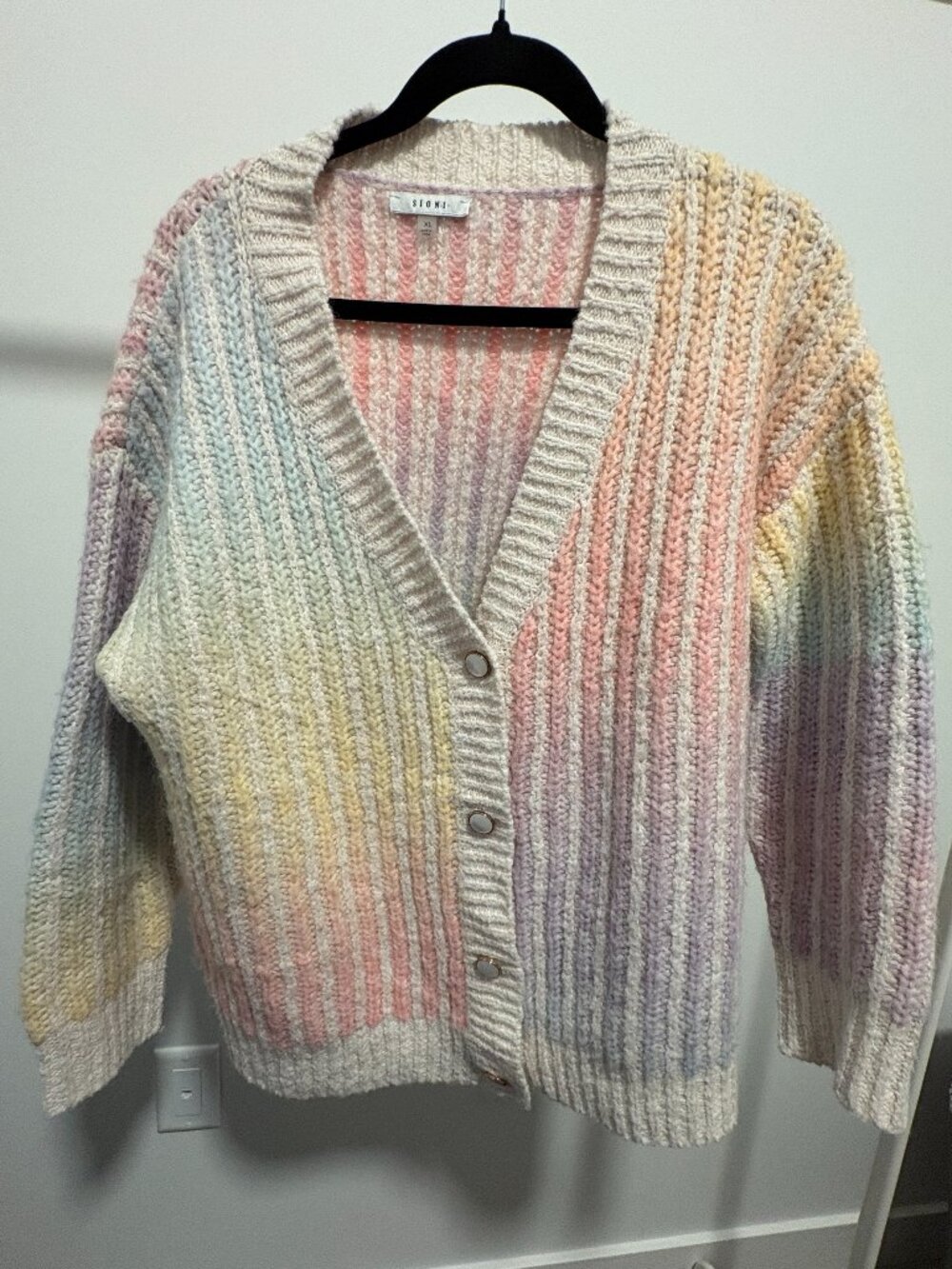 Sioni Pastel Rainbow Striped Ribbed Chunky Knit Cardigan Sweater XL